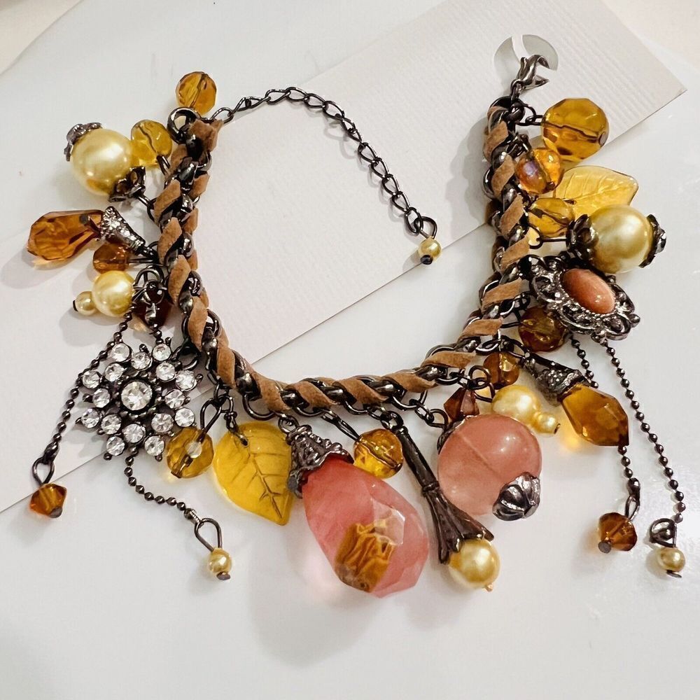 Art Glass Dangle Charm Bracelet Faux Pearl Leather Rhinestone Dangle Pink Brown